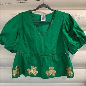 QUEEN OF SPARKLES Green Blouse with Gold Shamrocks